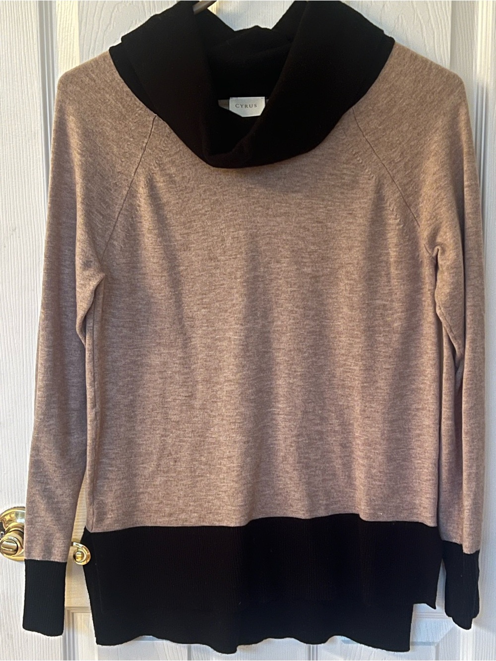 Cyrus Two-Tone Beige and Black Cowl Neck Sweater